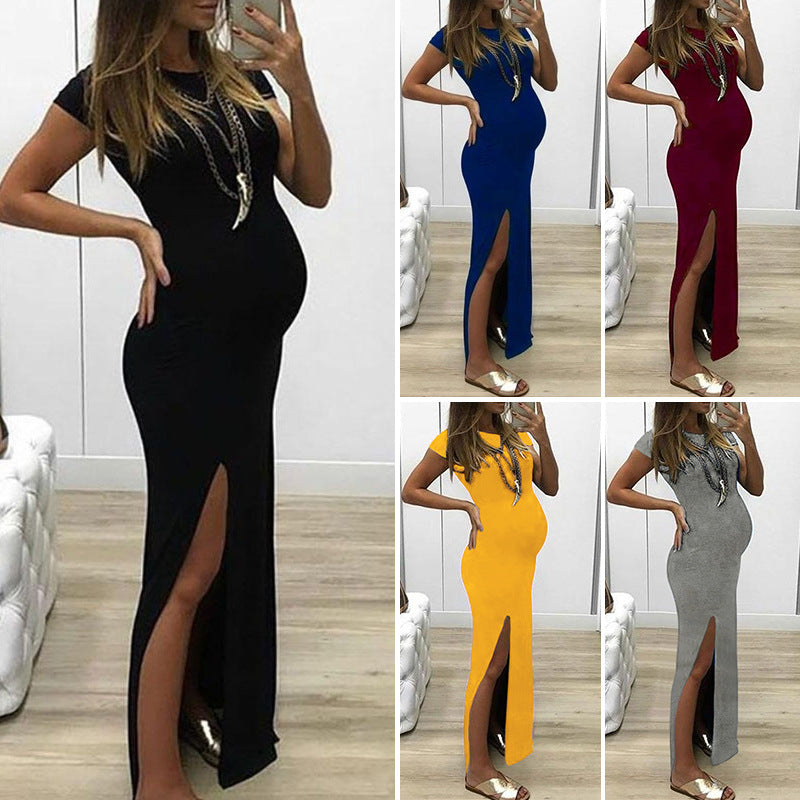 Retro Literary Women's Round Neck Short Sleeved Slit Maternity Comfortable Dress