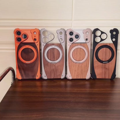 Luxury Metal Frame Walnut Wood Frameless Phone Case For iPhone 17 16 15 14 Pro Max Magsafe Magnetic 360 Rotating Bracket Cover