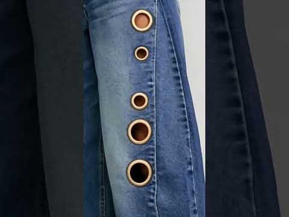 Missuoo Women's 2026 New Washed Blue High-Waist Metal Grommet Wide Leg Jeans, Casual Loose Fit Streetwear Pants for Daily Wear