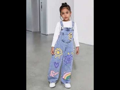 Girl's Y2K sunflower pattern printed straight and loose denim drawstring pants, workwear type drawstring pants.