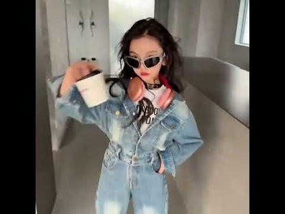 2025 Spring teen & Kids girl Denim Jumpsuits Long Sleeve Overalls Children Fashion Jeans Loose Trousers Korean junior Girls Outfit